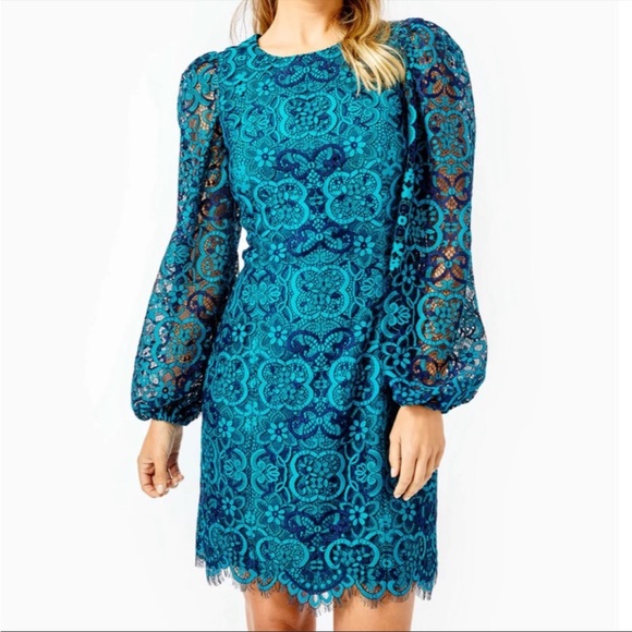 NWT Lilly Pulitzer Georgi Dress Valencia Teal Two Tone Carnival Lace Size 0 - Picture 2 of 12